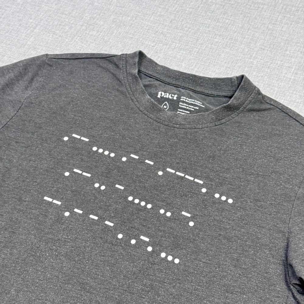 Pact T-Shirt Mens Medium Gray Graphic Crew Neck Cotton Polyester Tagless Jersey